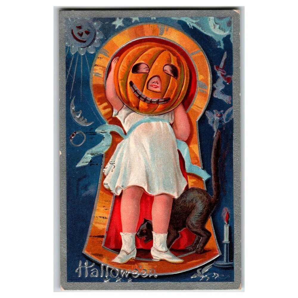 1909 Halloween Keyhole Pumpkin Child Black Cat Postcard Embossed Ambler PA